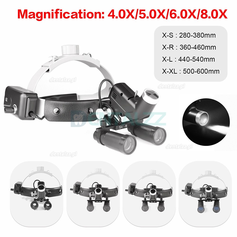 4.0X/5.0X/6.0X/8.0X-R Chirurgiczna lupa stomatologiczna + opaska na głowę 5W reflektor LED