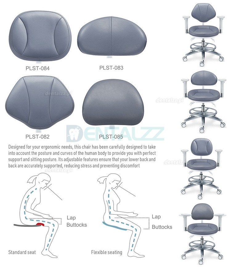 PLST-08 Szereg Ergonomiczne regulowane stołki dla operatora stomatologicznego z podłokietnikami i oparciem